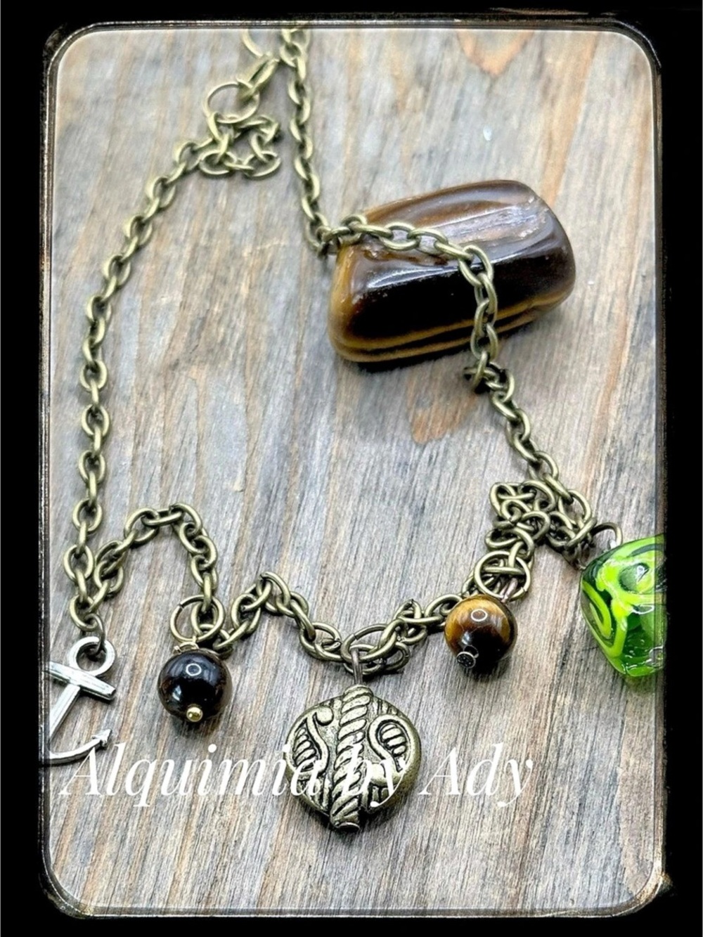 Tiger's Eye + Charm Necklace in Green & Brown